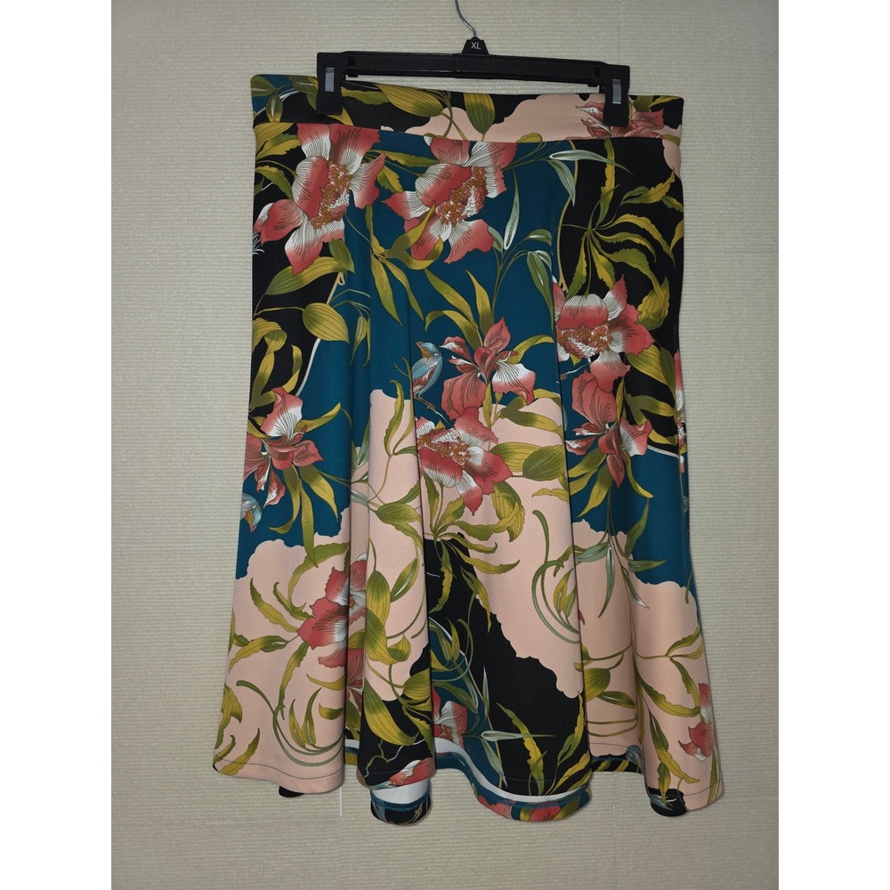 New York & Company Floral Bird Print A-Line Skirt Teal Pink Green Size M